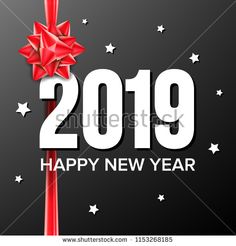 happy new year greeting card with red ribbon and bow on black background for the holiday season