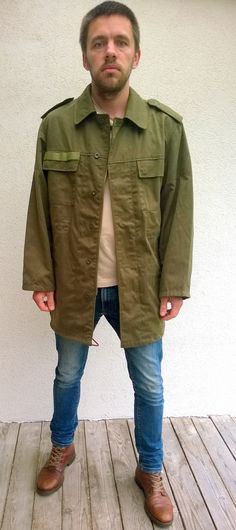 "Military camouflage green jacket, army khaki jacket, olive green coat, field jacket, outdoor jacket, men military uniform, authentic military XL/L Comfortable and good looking outdoor authentic military jacket with zipper closure. Jacket has two chest pockets and two side pockets. There is place to stick your name on chest pocket. Size: seems like women (XL) and men (L) PLEASE CHECK ALL MEASUREMENTS BELLOW Length: 82 cm/ 32\" Shoulder to shoulder: 52 cm/ 21\" Sleeve: 63 cm/ 25\" Chest: 110 cm/ Khaki Military Outerwear With Pockets, Khaki Hunting Techwear Outerwear, Khaki Techwear Parka With Pockets, Combat Style Khaki Long Sleeve Windbreaker, Oversized Military Outerwear With Pockets, Military Style Khaki Windbreaker With Multiple Pockets, Military Style Khaki Outerwear With Multiple Pockets, Khaki Military Outerwear With Multiple Pockets, Military Style Long Sleeve Khaki Outerwear