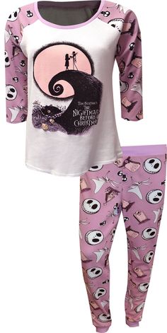 Perfect for lounging around watching this classic movie. These Junior Cut pajamas for women feature the iconic scene of Jack Skellington and Sally in the moonlight. The fabric is a waffle knit and the sleeves are 3/4 length. Matching bottoms are a jogger style. Junior cut, 60% Cotton, 40% Polyester. Jack Skellington Pajamas, Nightmare Before Christmas Merchandise, Stitch Pajamas, Nightmare Before Christmas Gifts, Jack Skellington And Sally, Bride Pajama, Lounge Pants Womens, Halloween Pajamas, Pajamas For Women