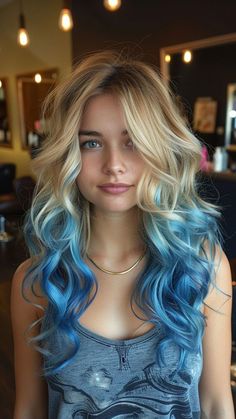 Blue And Blonde Ombre Hair, Blue Hair Ombre Blonde, Blonde And Blue Hair Ombre Short, Blond To Blue Ombre Hair, Blonde To Blue Ombre Hair, Blue Green Hair Color Ideas, Blue Tips Hair Blonde, Fun Colored Hair Ideas, Blonde Hair Color Ideas Shoulder Length