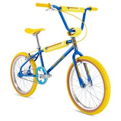 a blue and yellow bike is shown against a white background