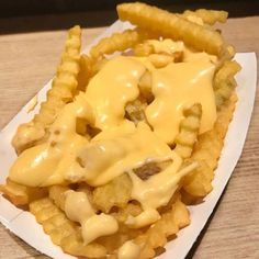 a close up of a plate of food with french fries covered in gravy