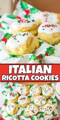 italian ricotta cookies with white frosting and sprinkles