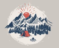 a tent in the middle of a forest with mountains and sunbursts behind it