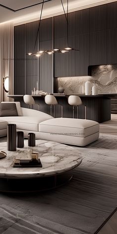 a modern living room with marble tables and couches