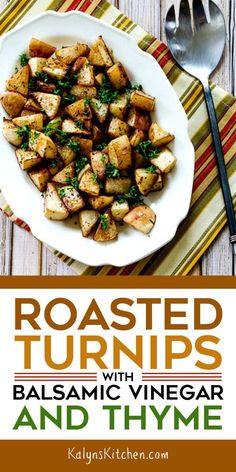 roasted turnips with balsamic vinegar and thyme on a white plate