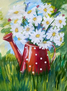 a painting of white daisies in a red watering can