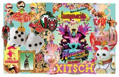 a collage of various items including dices and other things in the background with text that says kitsch