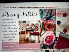 a computer screen with an article about fabrics on it's side and pictures of chairs in the background