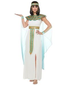 Strut your stuff like the Queen of the Nile herself when you wear this gorgeous Cleopatra costume! Layers of white fabric are detailed with gorgeous turquoise and gilded accents like the removable cobra brooch that's strategically placed upon the headband. The coordinating accessories will add the finishing touches and transform you into one of Egypt's most famous and beautiful pharaohs. Exclusively at Spirit Halloween Includes: Dress Cape Pair of cuffs Headband with removable goldtone cobra bro Plug And Socket Costume, Egyptian Goddess Costume, Spirit Costume, Pharaoh Costume, Spirit Halloween Costumes, Roman Costume, New Halloween Costumes, Popular Costumes, Red Riding Hood Costume