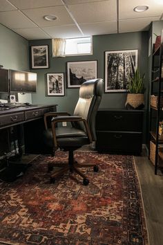 an office with a desk, chair and pictures on the wall