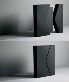 two different angles of the same object in black and white, each with an interesting geometric design