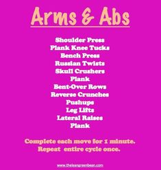 the arms and abss workout plan is shown in pink with gold lettering on it