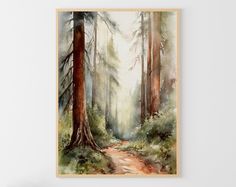 a watercolor painting of a path through a forest