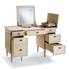 a wooden desk with drawers and a mirror on the top one drawer is open to show its contents