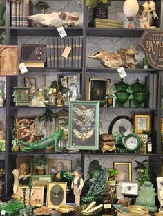 Vintage Stall Display, Victorian Curiosity Cabinet, Antique Shelves Display Ideas, Antique Shop Booth Display Ideas, Store Front Decorating Ideas, Halloween Antique Booth Ideas, Curiosity Shop Aesthetic, Dark Academia Store, Collections Of Objects Display