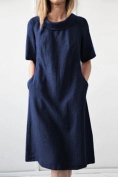 Women's Cotton & Linen Fashion Clothing - Cherieday Hemp Dress, Chic Shirts, Cotton Linen Dresses, Linen Short, Round Neck Dresses, Linnet, Crewneck Dress, Midi Short Sleeve Dress, Necklines For Dresses