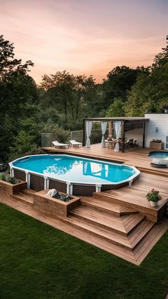 an above ground pool with steps leading up to it and a deck on the other side