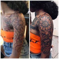 two pictures of the same woman's arm and shoulder with flowers on it, both showing