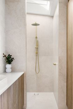 a walk in shower sitting next to a white sink and counter top under a skylight