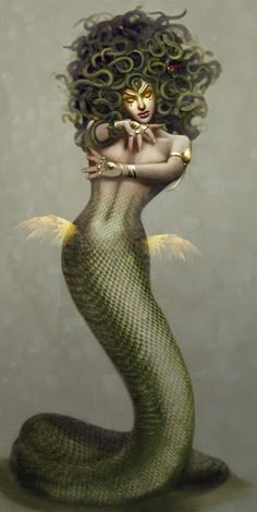 a painting of a mermaid with her hair in the shape of a wig and gold rings