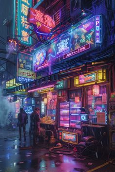 people are standing in the rain near a neon lit building with neon signs on it