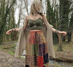 Clothes Made From Nature, Fairy Fashion Aesthetic Casual, Outfit Inspo Fairycore, Green Bohemian Patchwork Maxi Skirt, Bohemian Green Patchwork Maxi Skirt, Spring Green Patchwork Maxi Skirt, Hippie Patchwork Maxi Skirt, Green Patchwork Skirt For Festivals, Multicolor Beach Skirt For Fall