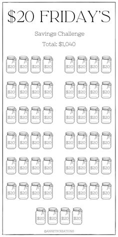 a printable savings chart for mason jars with the words, $ 20 friday's savings