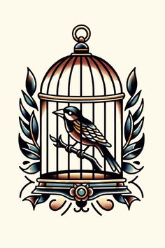 a bird in a cage with leaves on the sides and an ornamental border around it