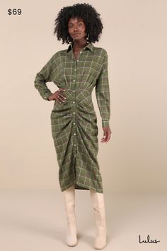 Cooler days always get us searching for the perfect fall looks, like the Lulus Seasonal Spirit Green Plaid Ruched Long Sleeve Midi Dress! Lightweight woven fabric boasts a timeless plaid pattern as it shapes long sleeves (with button cuffs) and a collared neckline. Functional button placket runs the length of the dress, across a fitted waist and a strategically ruched skirt that finishes at a midi hem. Fit: This garment fits true to size. Length: Mid-calf length. Size medium measures 47" from sh Ruched Long Sleeve Dress, Green Plaid Dress, Ruched Skirt, Dresses Xxl, Sleeve Midi Dress, Long Sleeve Midi, Long Sleeve Midi Dress, Green Plaid, Plaid Dress