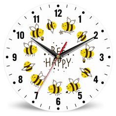 a white clock with yellow and black bees on it's face that says happy