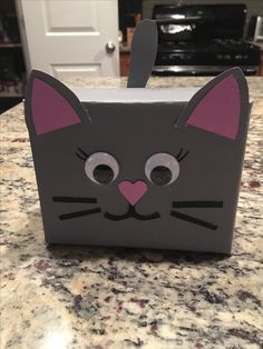 a box with a cat's face on top of it sitting on a counter