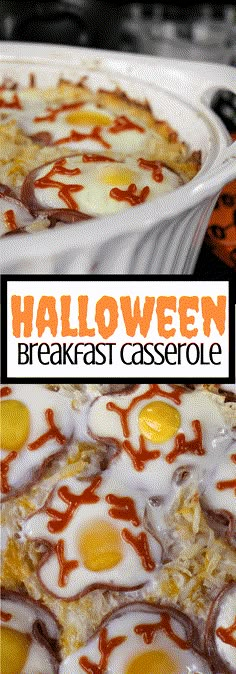 an egg breakfast casserole in a white dish with orange and brown decorations on it