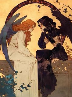 an illustration of two women sitting on a bench with wings over their heads, looking at each other