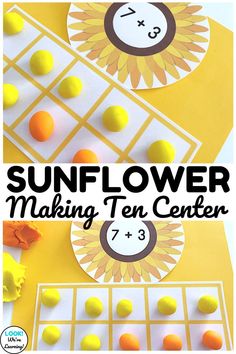 the sunflower making ten center is shown with yellow and orange balls in front of it