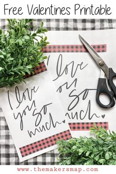 two handwritten valentine's cards on top of a checkered table cloth with scissors