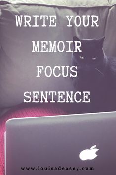 a black cat sitting on top of a laptop computer next to a pillow with the words write your memory focus sentence