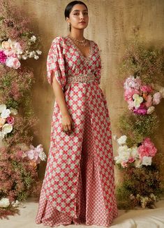 Pop Pink Printed Front Slit Crepe Kaftan Set With Sharara Pant Anarkali and Sharara Ria Shah Sharara For Women, Kaftan Set, Sharara Pants, Indian Kurti, Indian Outfits Lehenga, Kaftan Designs, Pakistani Clothes, Easy Dress, Modesty Fashion