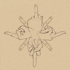 four hands making the shape of a star with their fingers pointing up at something in the air