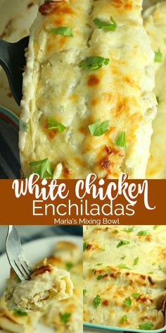 white chicken enchiladas in a casserole dish with melted cheese and parsley