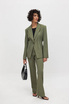 Flared Mid Waist Suit Pants Tailored Green Dress Pants For Fall, Chic Olive Pants For Workwear, Chic Olive Pants For Work, Green Notch Lapel Pantsuit For Fall, Tailored Green Pantsuit For Fall, Formal Green Wide Leg Pants For Fall, Green Wide Leg Pants For Formal Fall Occasions, Elegant Olive Bottoms For Workwear, Tailored Green Wide Leg Pants For Formal Occasions