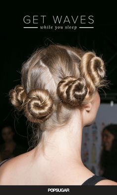 Dampen your mane with a blend of hold and shine products like TRESemmé Make Waves. Twist locks into one long spiral, then "cinnamon bun" the hair up into a knot, making sure to tuck the ends under. Hold the style in place with a rubber band. When the knots are completely dry, unravel for no-heat waves. Waves Overnight, No Heat Waves, Curly Hair Overnight, Runway Hair