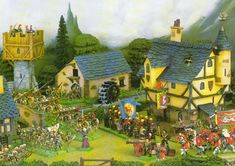 an image of a medieval village scene with knights and horses in the middle of it