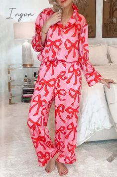 Ingvn - Casual Living Geometric Print Pocket Turndown Collar Long Sleeve Two Pieces Red / S Stylish Tunic Tops, Blouse Korean Style, White Summer Shirt, Suit Type, Stylish Tunic, Long Sleeve Suit, Satin Style, Spring Blouses, Two Piece Pants Set