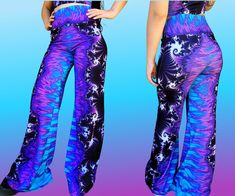 "Have all eyes on you at your next festival with these super psychedelic cotton flare pants featuring my digital artwork design I titled \"Frosted Fractal\" THIS LISTING IS FOR THE PANTS ONLY PLEASE UNDERSTAND THESE PANTS ARE MADE TO ORDER BY THE CLOTHING MANUFACTURER I USE! I design the artwork and the placement on the clothing myself, but I do not sew as I am a full time artist and spend most of my time painting and designing. I do not currently have the room to keep multiple sizes of clothing Fitted Tie-dye Bottoms For Festival, Fitted Tie Dye Bottoms For Festival, Funky Bottoms For Summer Music Festival, Summer Stretch Blue Flares, Blue Stretch Flares For Summer, Fitted Rave Style Bottoms For Music Festival, Fitted Rave Bottoms For Music Festival, Hippie Fitted Bottoms For Music Festival, Fitted Hippie Bottoms For Music Festival