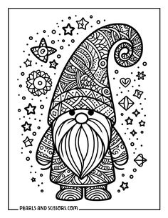 a black and white drawing of a gnome with stars on it's head, in the background