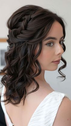 a woman with long dark hair wearing a white dress and looking off to the side