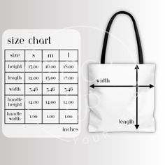 AOP Tote Bag Size Chart  This is a digital product. No physical items will be sent. Once purchased, you will receive a link for download. This listing includes: ✔️ 1 high-resolution digital image (instant download) ✔️ The image you receive will be the same as the listing photo (but with blank tote bag image, free of branding and watermarks, so you can easily place your designs). The whole shop bundle is available here: https://etsy.me/40cy5Re For placing the design on the tote bag we recommend you to use: Adobe Photoshop, Photoshop Elements, Canva or any other tool. Follow us on IG @opalnomad for order sneak peeks, exclusive discount codes, and behind-the-scenes! Functional White Bag, Customizable White Rectangular Shoulder Bag, Customizable Large Bags For Daily Use, Functional White Bags For Gifts, Functional White Bag For Gift, Functional Rectangular Shoulder Bag For Personal Use, Functional White Gift Bag, Customizable Black Everyday Bags, Customizable Black Rectangular Bag