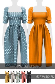 three different styles of dresses on mannequins with text that reads, camellle dress