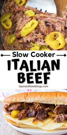 slow cooker italian beef sandwich on a plate with text overlay that reads slow cooker italian beef